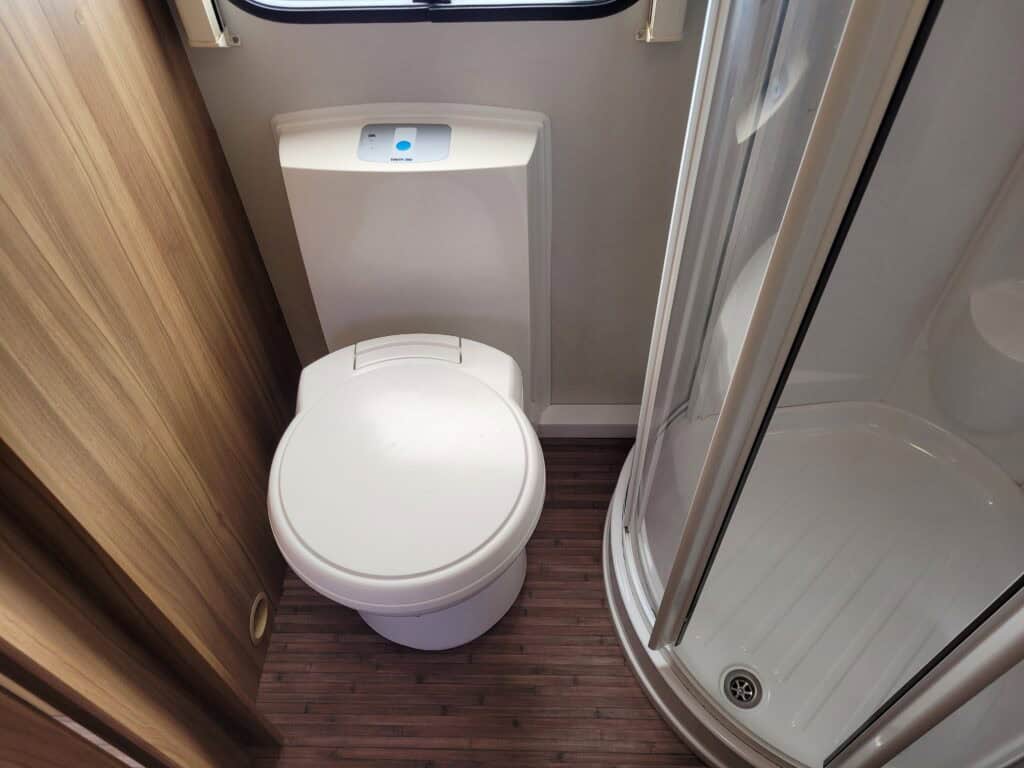 Portable toilet and shower unit at Ridgeway Tourers site.