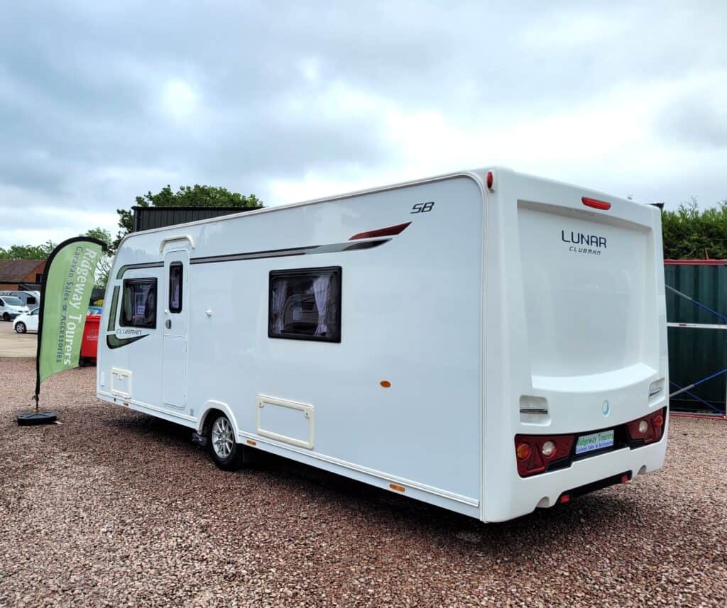High-quality white Lunar caravan parked outdoors at Ridgeway Tourers, ideal for camping and caravann.